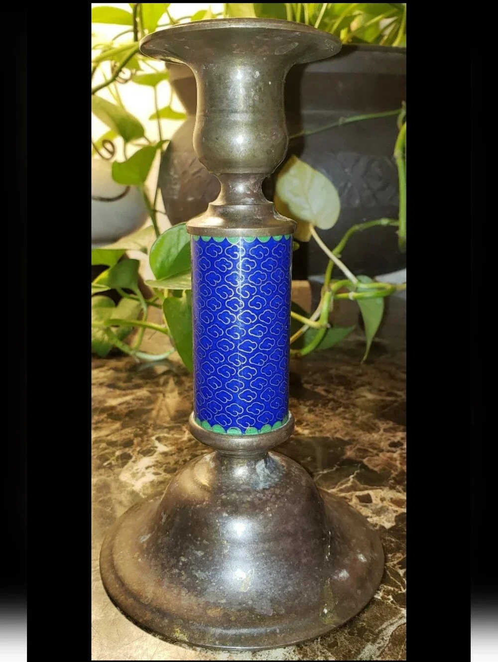 Vintage Cloisonne Enamel & Brass Ornate Candle Stick Holder